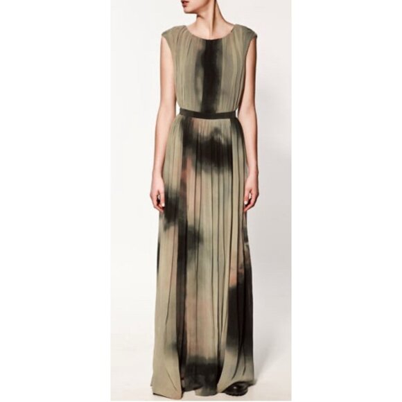 New Zara Abstract Watercolor Chiffon Sleeveless Pleated Party Maxi Dress - Picture 2 of 15